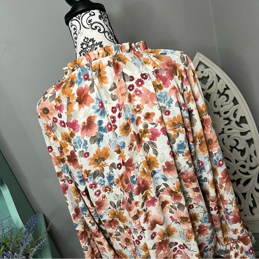 Boutique Boho Floral Mock Neck Bell Sleeve Blouse Size XL - Picture 8 of 11